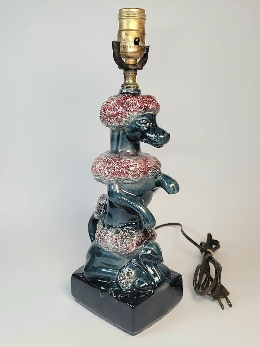 Poodle Table Lamp Bluish Black w/ Burgundy Glaze Ceramic Dog 12" Unique Vintage
